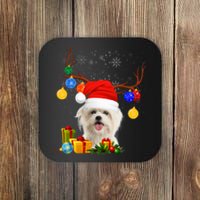 Santa Reindeer Maltese Dog Christmas Lights Xmas Coaster