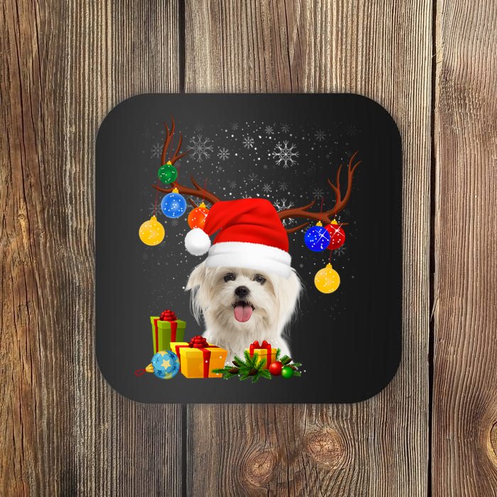 Santa Reindeer Maltese Dog Christmas Lights Xmas Coaster