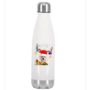 Santa Reindeer Maltese Dog Christmas Lights Xmas Stainless Steel Insulated Water Bottle