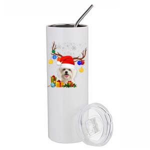 Santa Reindeer Maltese Dog Christmas Lights Xmas Stainless Steel Tumbler