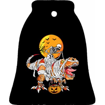 Skeleton Riding Mummy Dinosaur Halloween Funny Pumpkin Ceramic Bell Ornament