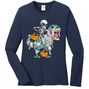 Skeleton Riding Mummy Dinosaur T Rex Funny Halloween Ladies Long Sleeve Shirt