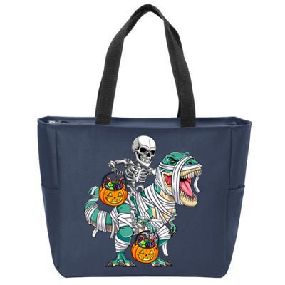 Skeleton Riding Mummy Dinosaur T Rex Funny Halloween Zip Tote Bag