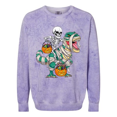 Skeleton Riding Mummy Dinosaur T Rex Kids Funny Halloween Colorblast Crewneck Sweatshirt