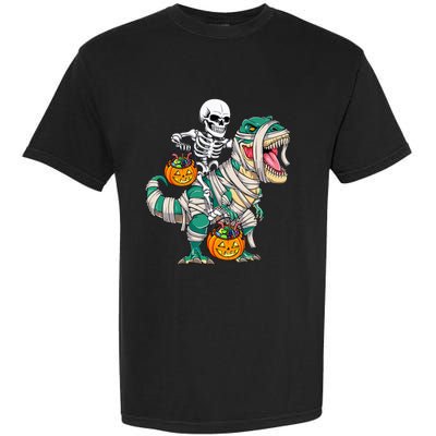 Skeleton Riding Mummy Dinosaur T Rex Kids Funny Halloween Garment-Dyed Heavyweight T-Shirt