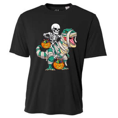 Skeleton Riding Mummy Dinosaur T Rex Kids Funny Halloween Cooling Performance Crew T-Shirt