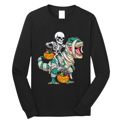 Skeleton Riding Mummy Dinosaur T Rex Kids Funny Halloween Long Sleeve Shirt