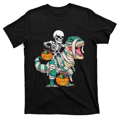 Skeleton Riding Mummy Dinosaur T Rex Kids Funny Halloween T-Shirt