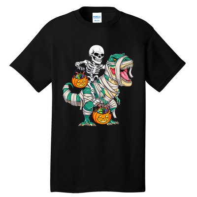 Skeleton Riding Mummy Dinosaur T Rex Kids Funny Halloween Tall T-Shirt