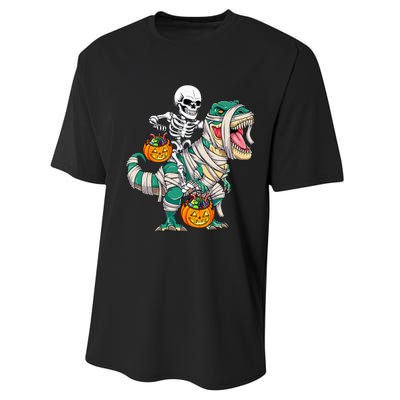 Skeleton Riding Mummy Dinosaur T Rex Kids Funny Halloween Performance Sprint T-Shirt