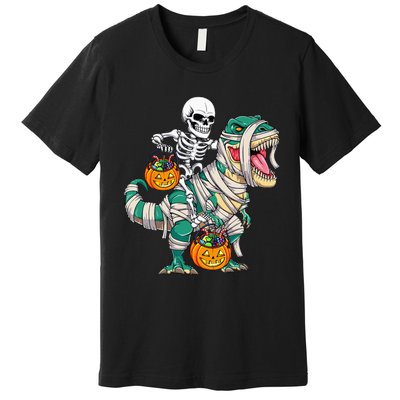 Skeleton Riding Mummy Dinosaur T Rex Kids Funny Halloween Premium T-Shirt