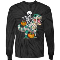 Skeleton Riding Mummy Dinosaur T Rex Kids Funny Halloween Tie-Dye Long Sleeve Shirt