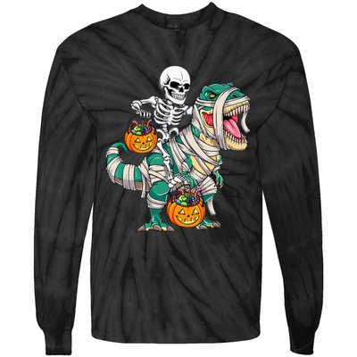 Skeleton Riding Mummy Dinosaur T Rex Kids Funny Halloween Tie-Dye Long Sleeve Shirt