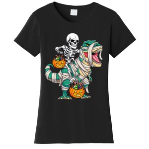 Skeleton Riding Mummy Dinosaur T Rex Kids Funny Halloween Women's T-Shirt