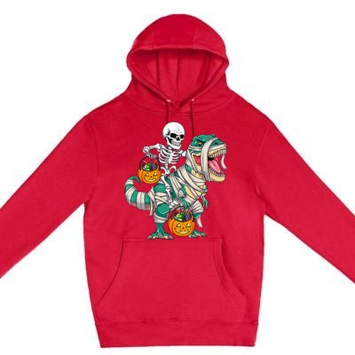 Skeleton Riding Mummy Dinosaur T Rex Kids Funny Halloween Premium Pullover Hoodie