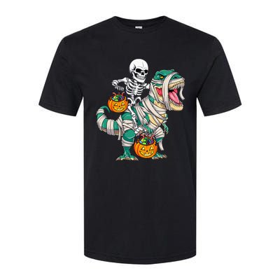 Skeleton Riding Mummy Dinosaur T Rex Kids Funny Halloween Softstyle CVC T-Shirt