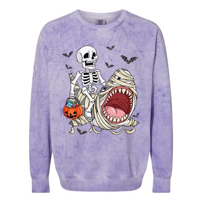 Skeleton Riding Mummy Shark Funny Halloween Pumpkin Colorblast Crewneck Sweatshirt