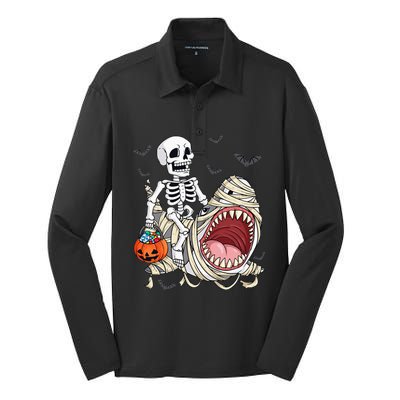 Skeleton Riding Mummy Shark Funny Halloween Pumpkin Silk Touch Performance Long Sleeve Polo