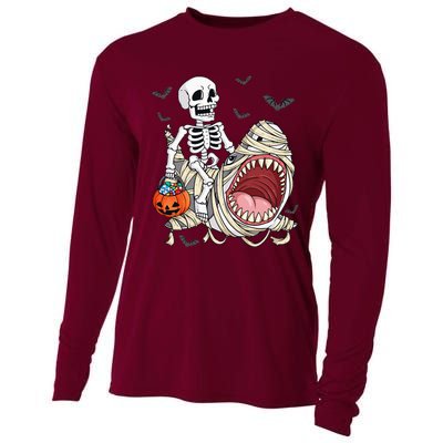 Skeleton Riding Mummy Shark Funny Halloween Pumpkin Cooling Performance Long Sleeve Crew