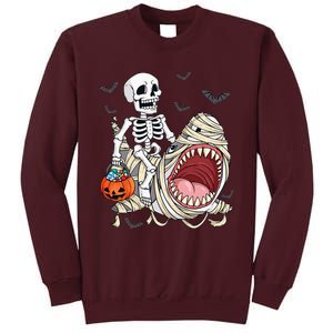 Skeleton Riding Mummy Shark Funny Halloween Pumpkin Tall Sweatshirt