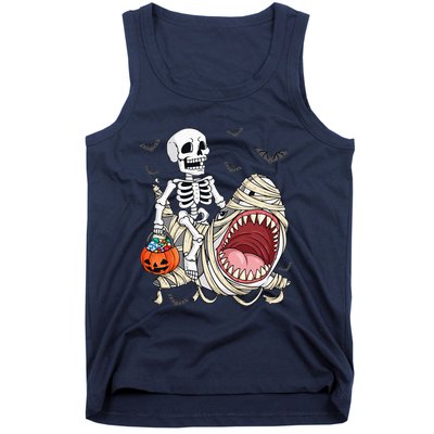 Skeleton Riding Mummy Shark Funny Halloween Pumpkin Tank Top