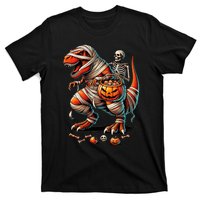 Skeleton Riding Mummy Dinosaur T Rex Boy Funny Halloween T-Shirt