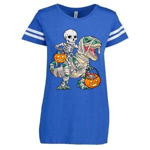 Skeleton Riding Mummy Dinosaur T Rex Halloween Funny Pumpkin Enza Ladies Jersey Football T-Shirt