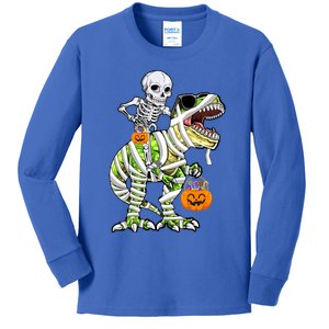 Skeleton Riding Mummy Dinosaur T Rex Halloween Funny Pumpkin Cute Gift Kids Long Sleeve Shirt