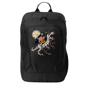 Skeleton Riding Mummy Dinosaur T Rex Pumpkin Funny Halloween City Backpack