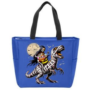 Skeleton Riding Mummy Dinosaur T Rex Pumpkin Funny Halloween Zip Tote Bag