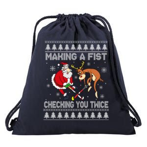 Santa Reindeer Making A Fist Checking You Twice Hockey Xmas Gift Drawstring Bag