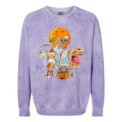 Skeleton Riding Mummy Dinosaur TRex Pumpkin Halloween Funny Cool Gift Colorblast Crewneck Sweatshirt