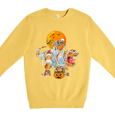 Skeleton Riding Mummy Dinosaur TRex Pumpkin Halloween Funny Cool Gift Premium Crewneck Sweatshirt