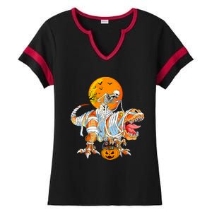 Skeleton Riding Mummy Dinosaur TRex Pumpkin Halloween Funny Cool Gift Ladies Halftime Notch Neck Tee