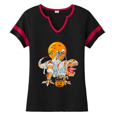 Skeleton Riding Mummy Dinosaur TRex Pumpkin Halloween Funny Cool Gift Ladies Halftime Notch Neck Tee