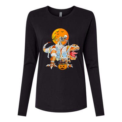 Skeleton Riding Mummy Dinosaur TRex Pumpkin Halloween Funny Cool Gift Womens Cotton Relaxed Long Sleeve T-Shirt