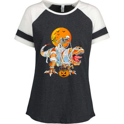 Skeleton Riding Mummy Dinosaur TRex Pumpkin Halloween Funny Cool Gift Enza Ladies Jersey Colorblock Tee