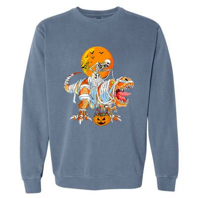 Skeleton Riding Mummy Dinosaur TRex Pumpkin Halloween Funny Cool Gift Garment-Dyed Sweatshirt