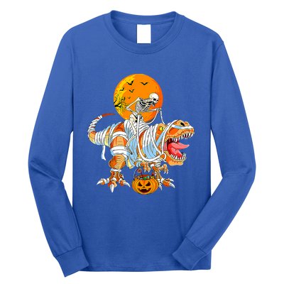 Skeleton Riding Mummy Dinosaur TRex Pumpkin Halloween Funny Cool Gift Long Sleeve Shirt