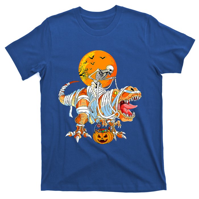 Skeleton Riding Mummy Dinosaur TRex Pumpkin Halloween Funny Cool Gift T-Shirt