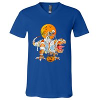 Skeleton Riding Mummy Dinosaur TRex Pumpkin Halloween Funny Cool Gift V-Neck T-Shirt