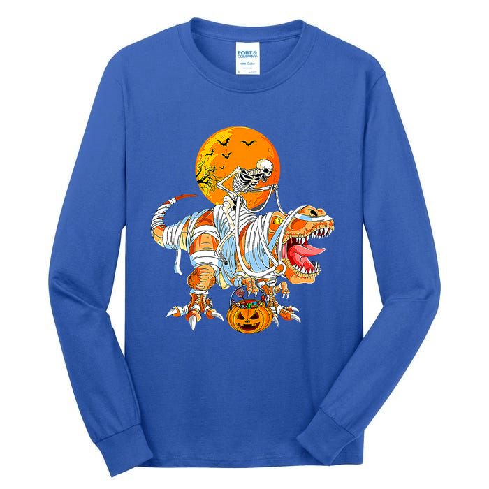 Skeleton Riding Mummy Dinosaur TRex Pumpkin Halloween Funny Cool Gift Tall Long Sleeve T-Shirt