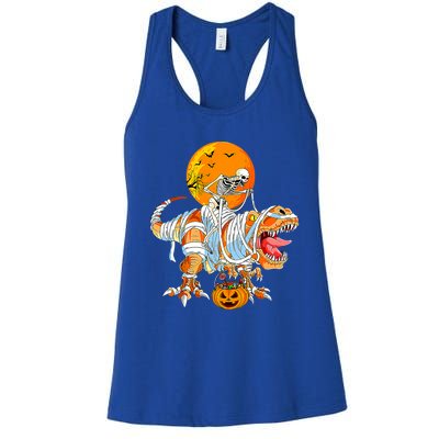 Skeleton Riding Mummy Dinosaur TRex Pumpkin Halloween Funny Cool Gift Women's Racerback Tank