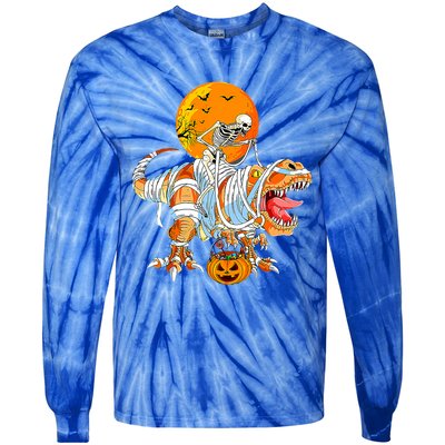 Skeleton Riding Mummy Dinosaur TRex Pumpkin Halloween Funny Cool Gift Tie-Dye Long Sleeve Shirt