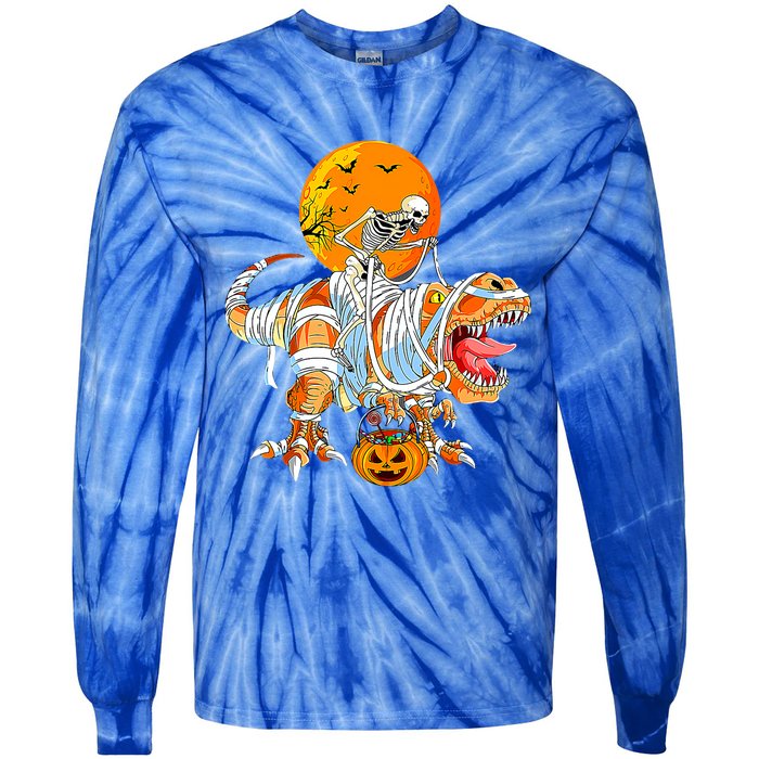 Skeleton Riding Mummy Dinosaur TRex Pumpkin Halloween Funny Cool Gift Tie-Dye Long Sleeve Shirt