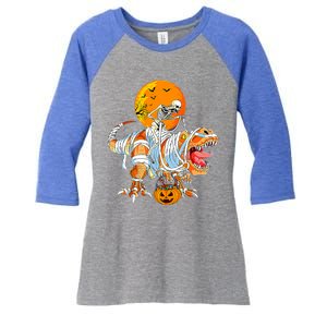 Skeleton Riding Mummy Dinosaur TRex Pumpkin Halloween Funny Cool Gift Women's Tri-Blend 3/4-Sleeve Raglan Shirt