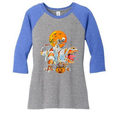 Skeleton Riding Mummy Dinosaur TRex Pumpkin Halloween Funny Cool Gift Women's Tri-Blend 3/4-Sleeve Raglan Shirt