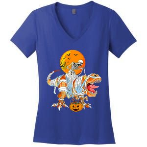 Skeleton Riding Mummy Dinosaur TRex Pumpkin Halloween Funny Cool Gift Women's V-Neck T-Shirt