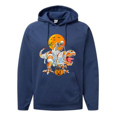 Skeleton Riding Mummy Dinosaur TRex Pumpkin Halloween Funny Cool Gift Performance Fleece Hoodie