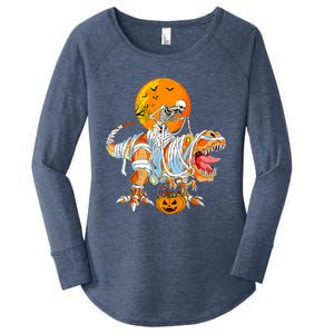 Skeleton Riding Mummy Dinosaur TRex Pumpkin Halloween Funny Cool Gift Women's Perfect Tri Tunic Long Sleeve Shirt